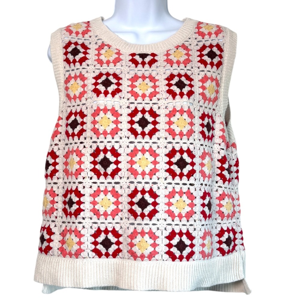 Crochet Tank Top Sz M Sweater Vest Boho Retro Festival Hippie Folk Cowgirl - Picture 2 of 8